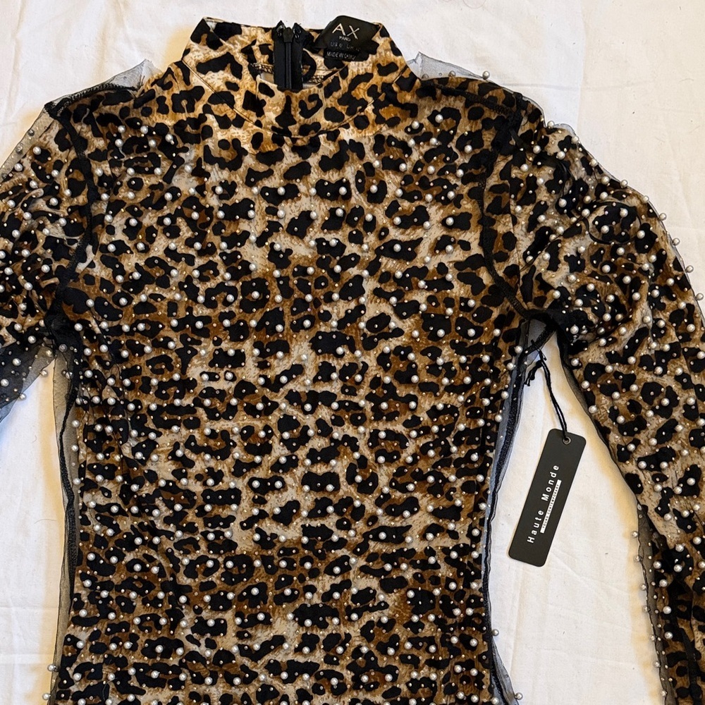 Leopard Print dress with Pearl Accents sheer cover
